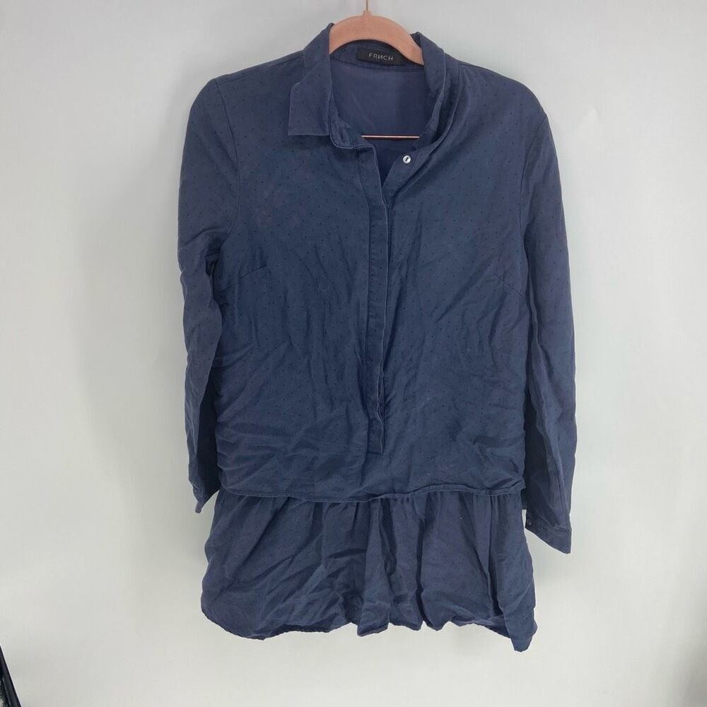 FRNCH Women's Navy Blue Long Sleeves Polka Dots Button Front Tunic Top Small